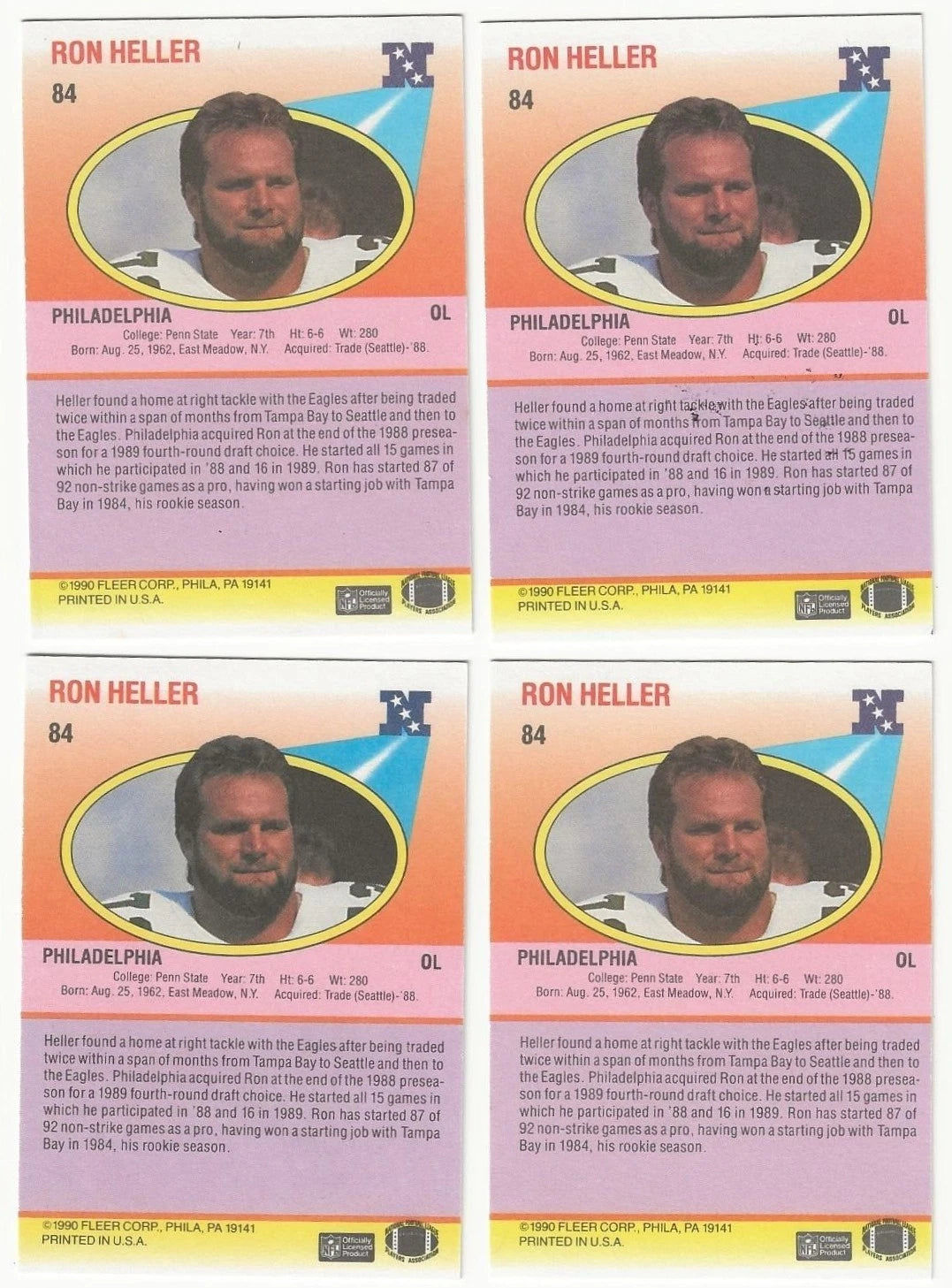 LOT Of 4 Ron Heller Autographed/Signed 1990 Fleer NFL Cards Philadelphia Eagles!