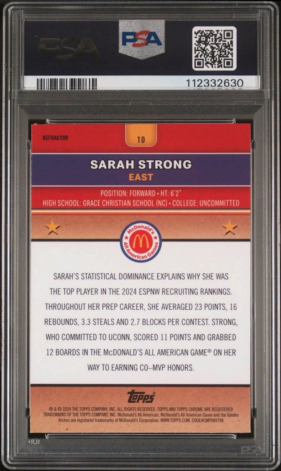 Sarah Strong Autographed/Signed 2024 Topps Chrome McDonald's All-American Refractor PSA 9 Auto!