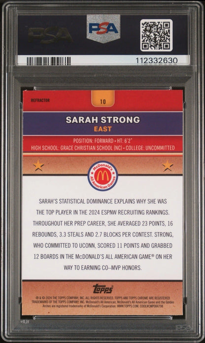 Sarah Strong Autographed/Signed 2024 Topps Chrome McDonald's All-American Refractor PSA 9 Auto!