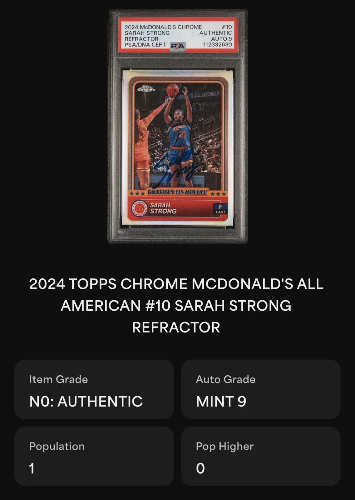 Sarah Strong Autographed/Signed 2024 Topps Chrome McDonald's All-American Refractor PSA 9 Auto!