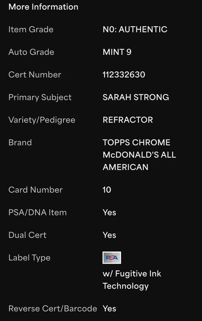 Sarah Strong Autographed/Signed 2024 Topps Chrome McDonald's All-American Refractor PSA 9 Auto!
