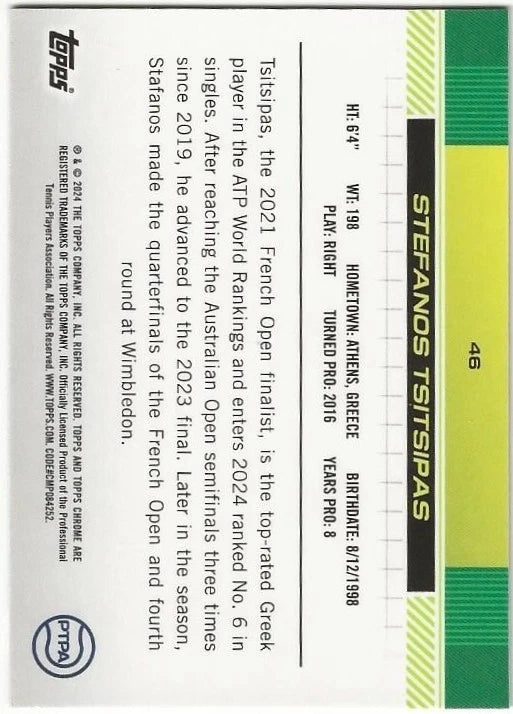 Stefanos Tsitsipas Autographed/Signed 2024 Topps Chrome Sapphire 1st Card Exact Proof!