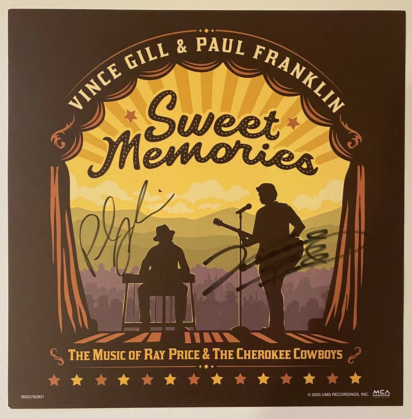 Vince Gill & Paul Franklin Signed Sweet Memories 11x11 Photo Art Card & Vinyl!
